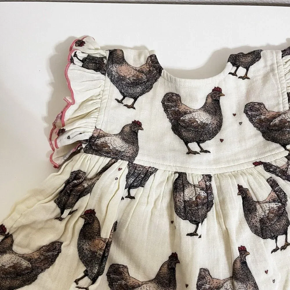 Pink Chicken Dress and Bloomers Set Chickens Print Gauze Girls Size 12-18 Months